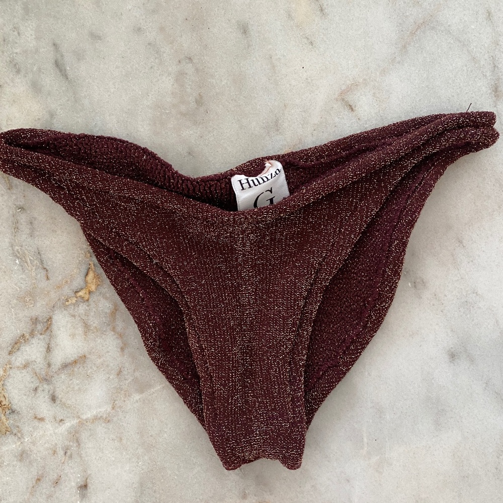 Hunza G metallic burgundy wine gold bottoms